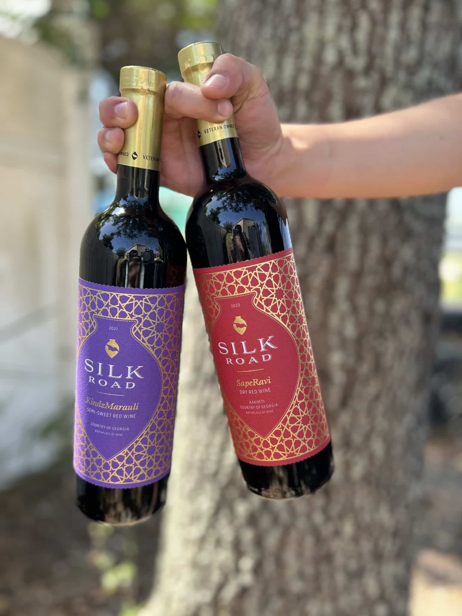 Person Holding Two Bottles of Silk Road Georgian Wines